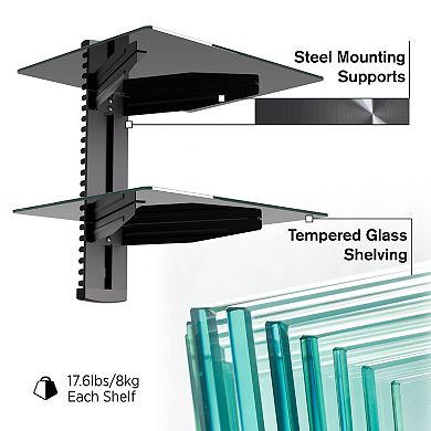 ProMounts Tempered Glass Floating Double Wall Shelf, Holds Up to 35 lbs