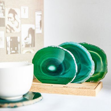 Luxury Lane Set Of 4 Natural Brazilian Agate Stone Coasters With Wood Holder