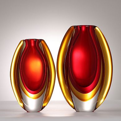 Luxury Lane Hand Blown Red Sommerso Oval Art Glass Vase