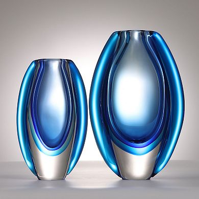 Luxury Lane Hand Blown Blue Sommerso Oval Art Glass Vase
