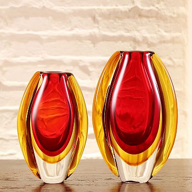 Luxury Lane Hand Blown Red Sommerso Oval Art Glass Vase