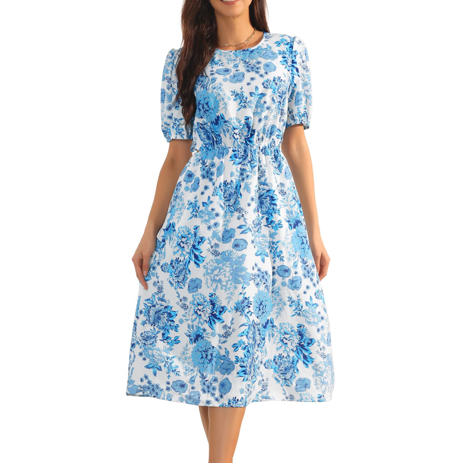 Women's Casual Floral Dress With Pockets Short Sleeve Round Neck Cutout  Waist Boho Flowy Midi