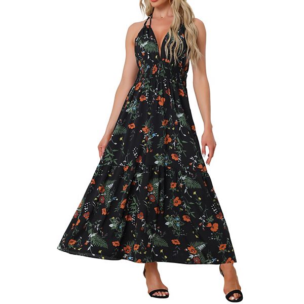Women's Halter Neck Sleeveless Geometric Print Boho Midi Dress