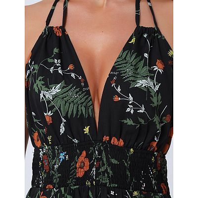 Halter Neck Boho Dress For Women Sleeveless Elastic Waist Floral Maxi  Dresses Summer Sundress