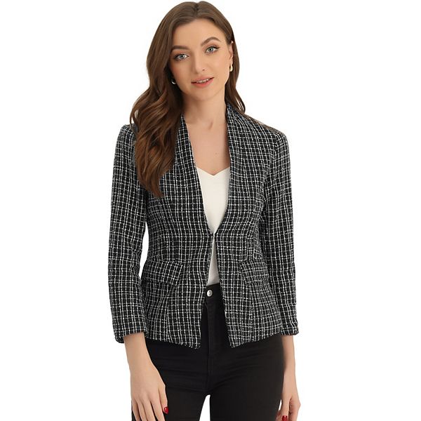 Tweed Blazer For Women's Long Sleeve Collarless Work Office Plaid Jackets