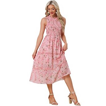 Sleeveless Floral Dress For Women's Ruffles Crew Neck Chiffon Smocked Dresses