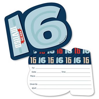 Big Dot Of Happiness Boy 16th Birthday - Shaped Fill-in Sweet 16 Invites & Envelopes 12 ct