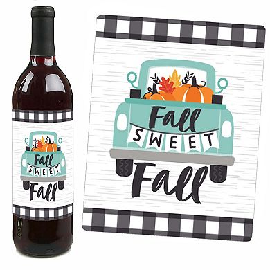 Big Dot Of Happiness Happy Fall Truck - Harvest Pumpkin Party Wine Bottle Label Stickers 4 Ct