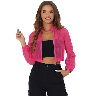 Mesh Sheer Jacket For Women's Zipper Crop Bomber Jackets