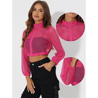 Mesh Sheer Jacket For Women's Zipper Crop Bomber Jackets