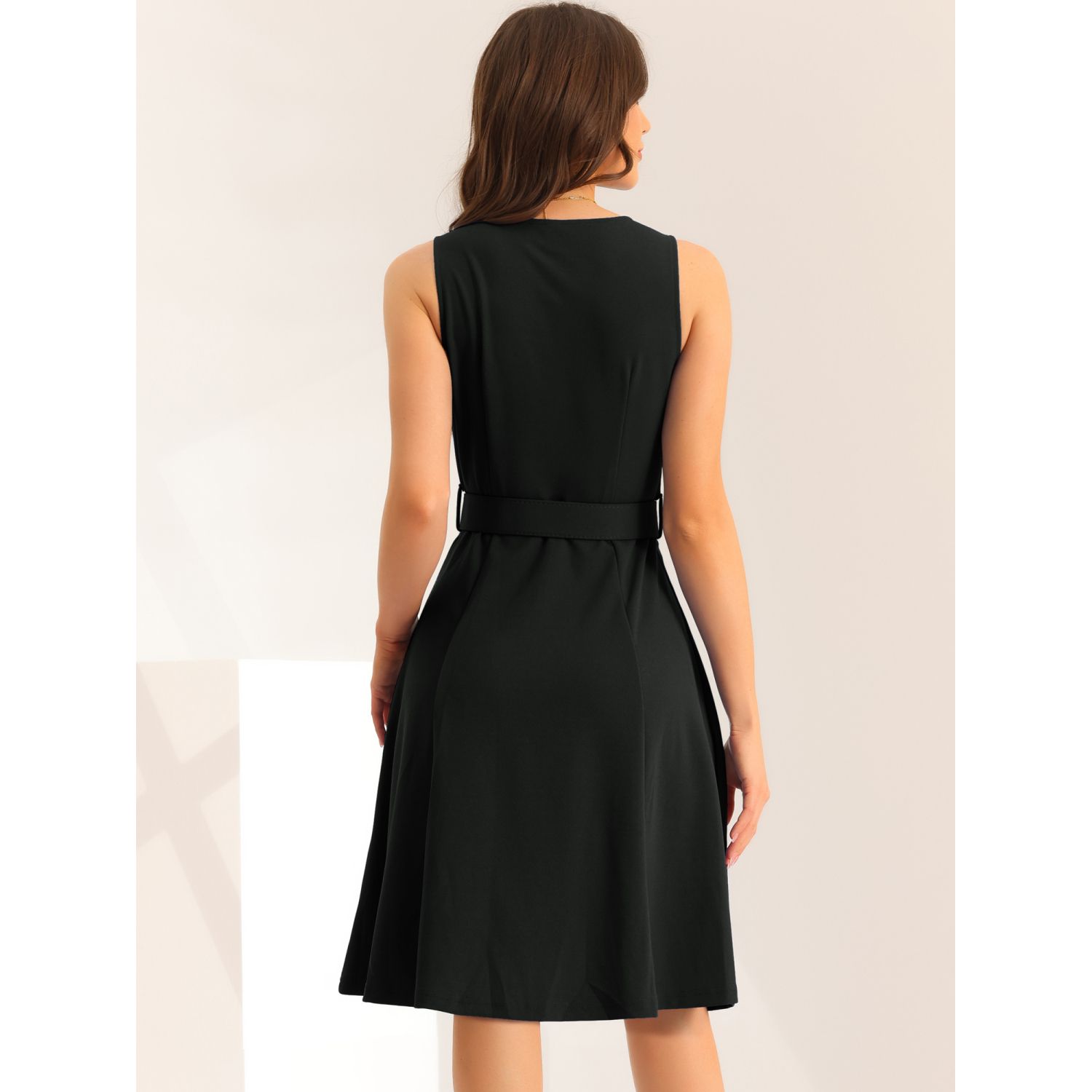 Sleeveless Work Dresses For Women s V neck Below Knee Length Belted A line Dress Smocked Dress Maje Dress