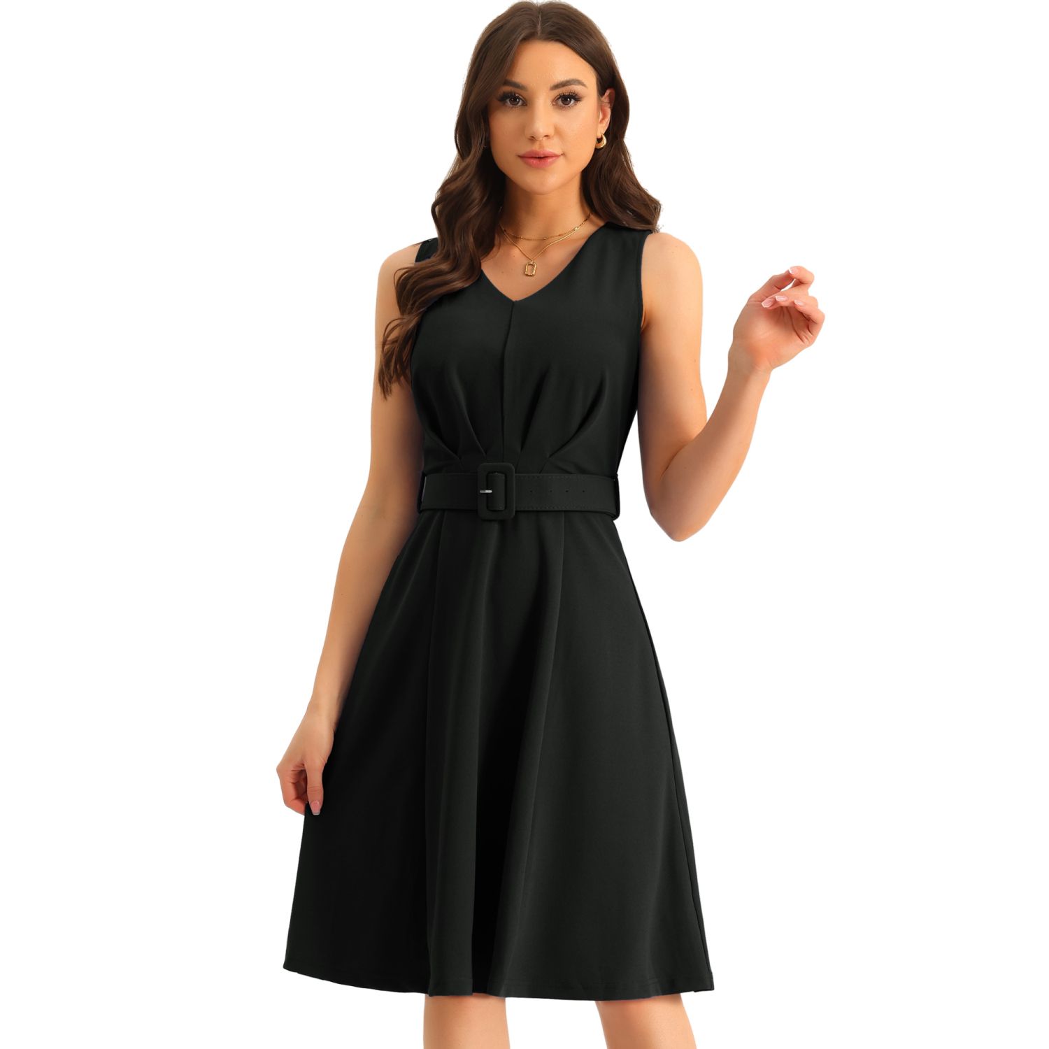 Sleeveless Work Dresses For Women s V neck Below Knee Length Belted A line Dress Smocked Dress Maje Dress