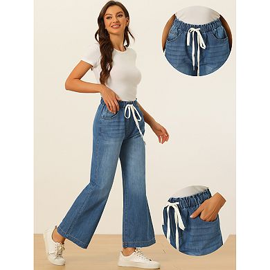 Casual Denim Pants For Women Drawstring Elastic Waist Wide Legs Jeans