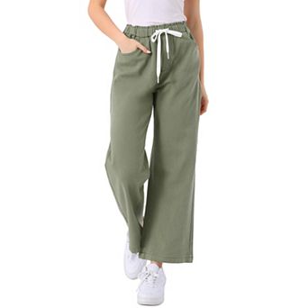 Casual Denim Pants For Women Drawstring Elastic Waist Wide Legs Jeans