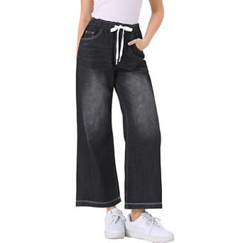 Casual Denim Pants For Women Drawstring Elastic Waist Wide Legs Jeans