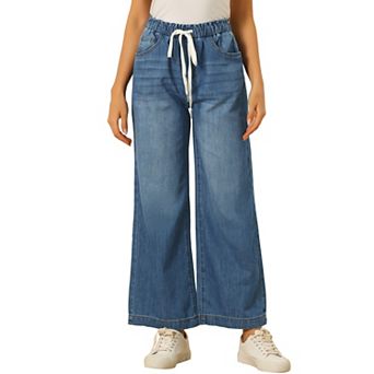 Casual Denim Pants for Women Drawstring Elastic Waist Wide Legs Jeans