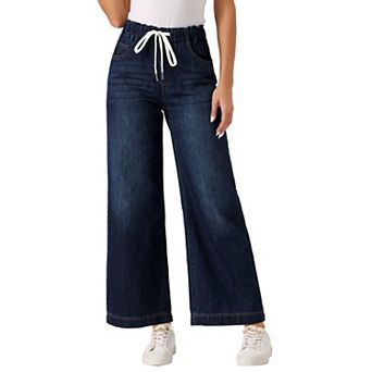 Casual Denim Pants For Women Drawstring Elastic Waist Wide Legs Jeans