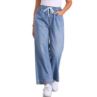 Casual Denim Pants For Women Drawstring Elastic Waist Wide Legs Jeans