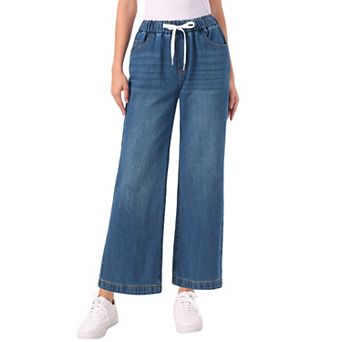 Casual Denim Pants for Women Drawstring Elastic Waist Wide Legs Jeans