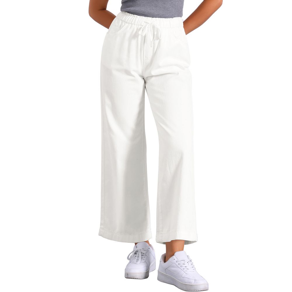Casual Denim Pants for Women Drawstring Elastic Waist Wide