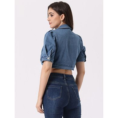 Crop Denim Cardigan For Women's Short Sleeve Lapel Collar Jean Jacket