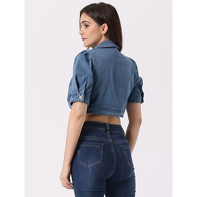 Womens 3/4 Sleeve Short Denim Jacket Plus Size, Basic Lapel Button Down Cropped Casual Jean Jackets Trucker Coats At Women's Coats Shop