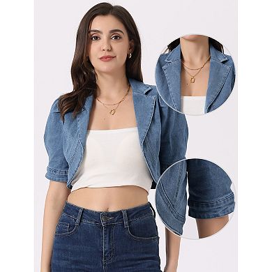 Crop Denim Cardigan For Women's Short Sleeve Lapel Collar Jean Jacket
