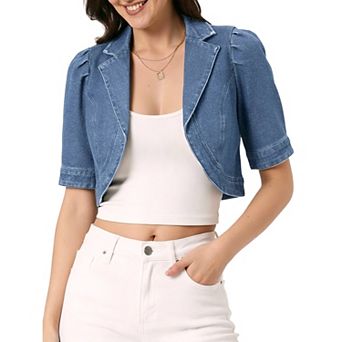 Crop Denim Cardigan For Women's Short Sleeve Lapel Collar Jean Jacket