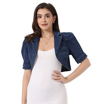 Crop Denim Cardigan For Women's Short Sleeve Lapel Collar Jean Jacket
