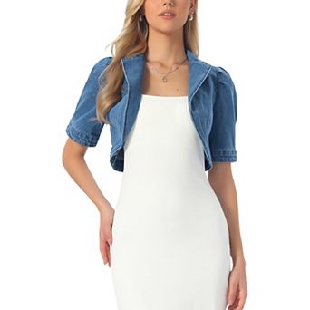 Crop Denim Cardigan for Women's Short Sleeve Lapel Collar Jean Jacket