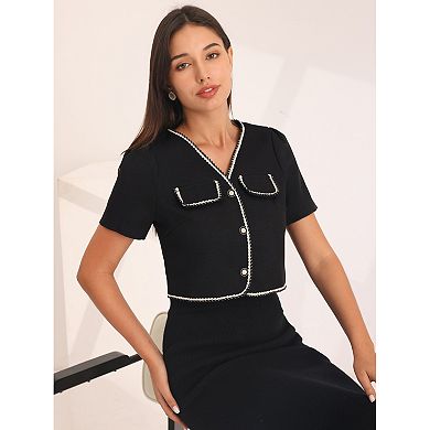 Women's Tweed Jacket Contrast Color Button Down Short Sleeve Work Office Blazer