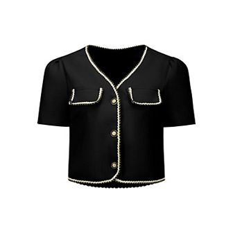 Women's Tweed Jacket Contrast Color Button Down Short Sleeve Work Office Blazer