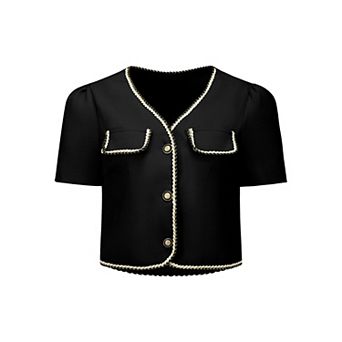 Women's Tweed Jacket Contrast Color Button Down Short Sleeve Work Office Blazer