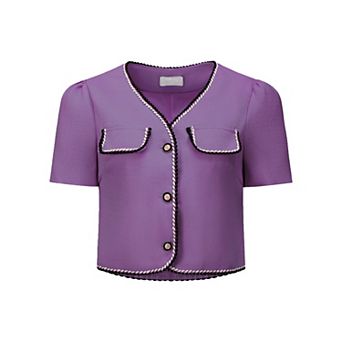 Women's Tweed Jacket Contrast Color Button Down Short Sleeve Work Office Blazer