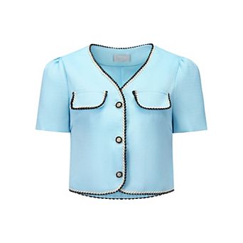 Women's Tweed Jacket Contrast Color Button Down Short Sleeve Work Office Blazer