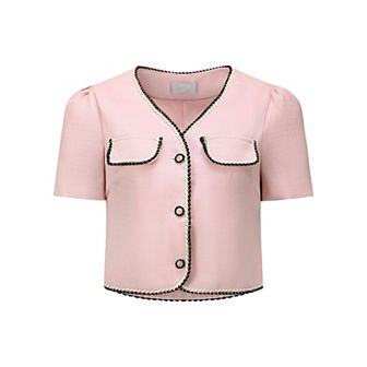Women's Tweed Jacket Contrast Color Button Down Short Sleeve Work Office Blazer