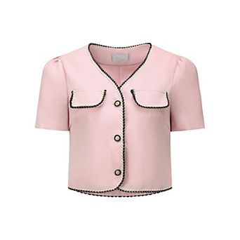 Women's Tweed Jacket Contrast Color Button Down Short Sleeve Work Office Blazer