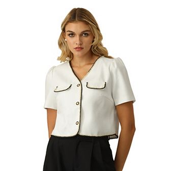 Women's Tweed Jacket Contrast Color Button Down Short Sleeve Work Office Blazer