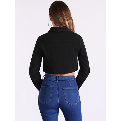 Denim Jacket for Women's Collared Button Down Long Sleeve Crop Jean Jackets