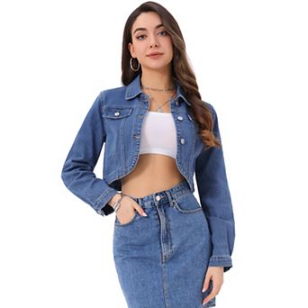 Denim Jacket for Women's Collared Button Down Long Sleeve Crop Jean Jackets