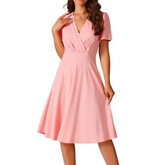 Women's Summer Wrap V Neck Puffy Short Sleeve Midi Swing Dress With Pockets