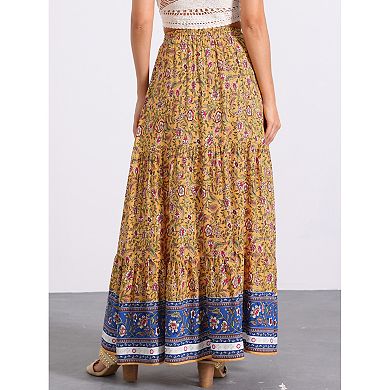 Women's Boho Skirt Casual Floral Printed Elastic Waist Maxi Skirts