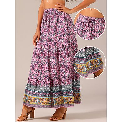 Women's Boho Skirt Casual Floral Printed Elastic Waist Maxi Skirts