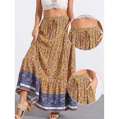 Women's Boho Skirt Casual Floral Printed Elastic Waist Maxi Skirts