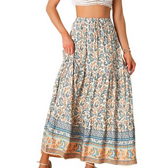 Women's Boho Skirt Casual Floral Printed Elastic Waist Maxi Skirts