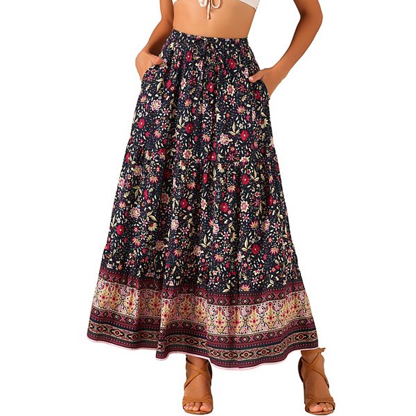 Women's Boho Skirt Casual Floral Printed Elastic Waist Maxi
