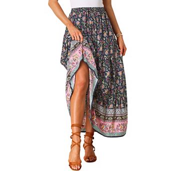 Women's Boho Skirt Casual Floral Printed Elastic Waist Maxi Skirts