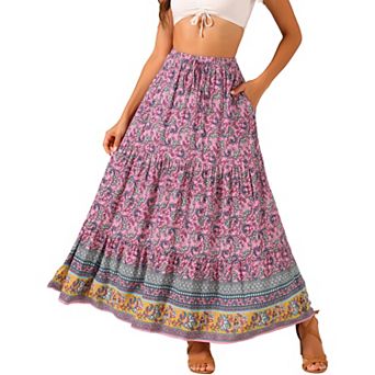 Women's Boho Skirt Casual Floral Printed Elastic Waist Maxi Skirts