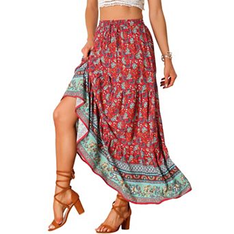 Women's Boho Skirt Casual Floral Printed Elastic Waist Maxi Skirts