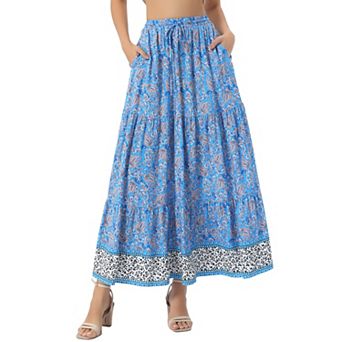 Women's Boho Skirt Casual Floral Printed Elastic Waist Maxi Skirts